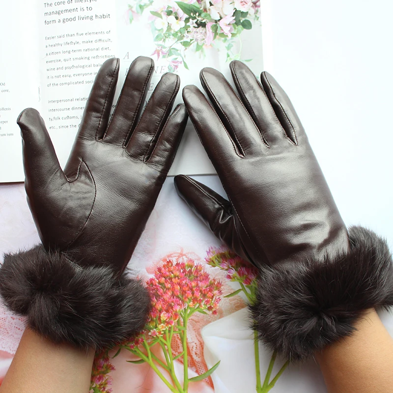 

Winter Warm Leather Gloves Women's Fashion Rabbit Fur Thickened Outdoor Cold proof Motorcycle Riding Sheepskin Gloves