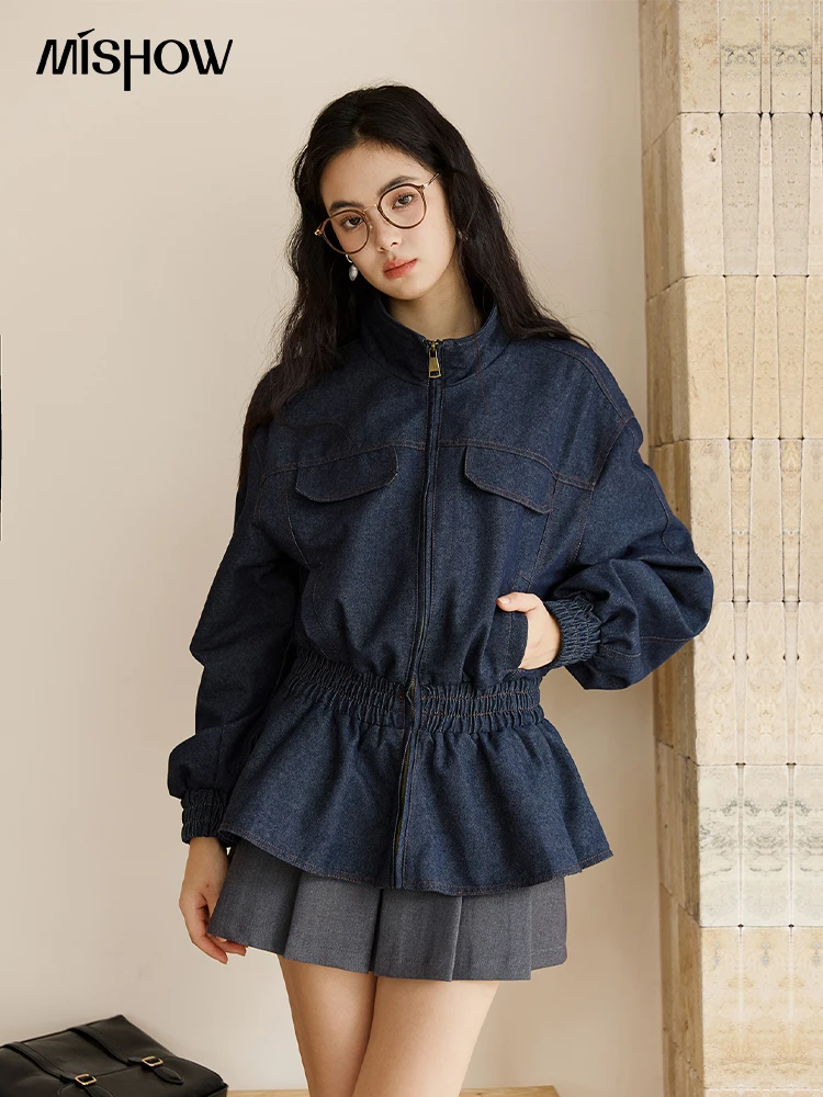 MISHOW Giacca blu da donna 2025 Autunno retrò allentato colletto alla coreana orlo con volant giacca corta pendolari top a maniche lunghe MXE47W0892