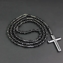 Stone Hematite Cross Car Pendant Catholic Christ Rosary Auto Hanging Meditation Protection Jewelry