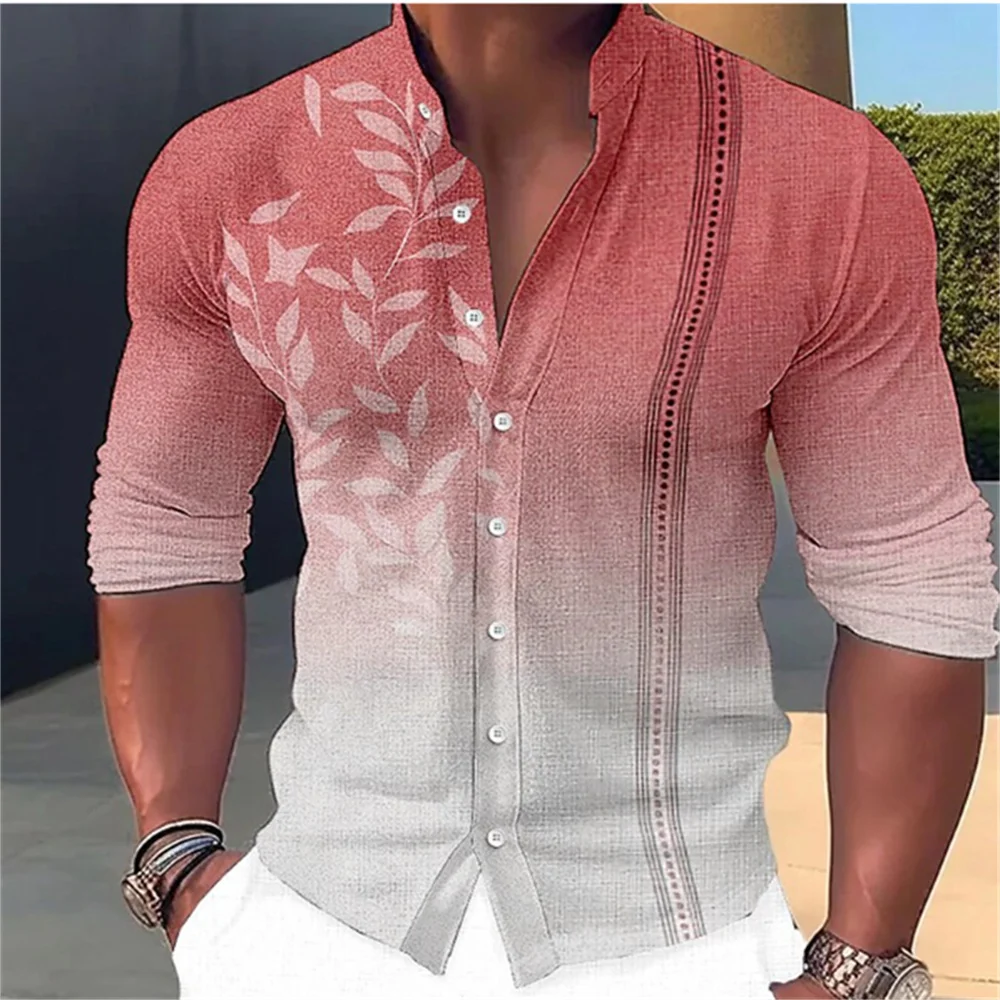 Men\'s Hawaiian shirt with leaf print stand up collar, single breasted long shirt, fashionable and trendy men\'s designer clothing