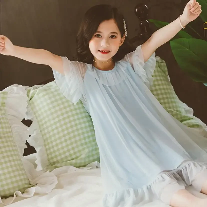 

2022 Summer New Children Short Mesh Soft Pajamas Girl Cotton High Quality Nightgown Kids Ruffles Homeclothes Dress Wz750