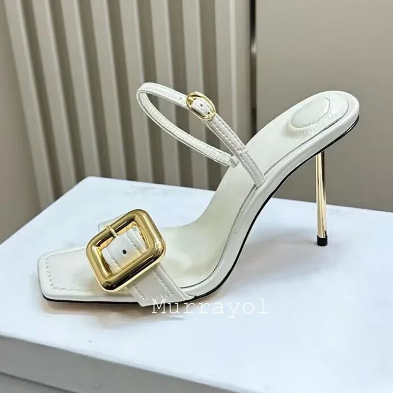 New Square Toe Belt Buckle Decor Sandalias Women Genuine Leather Thin Heels Sandals Summer Party Dress Shoes Wedding Shoes Pumps