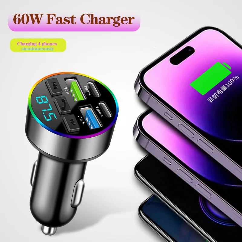 60W 2/3/4 port Car Charger with Bluetooth5.0 FM Transmitter with QC3.0 Super Fast Charging Cigarette Lighter Adapter for phones