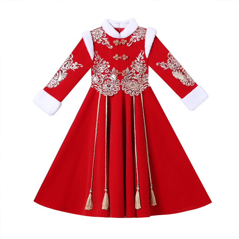 Girls 2022 Winter New Thick Hanfu Fairy Princess Dress Performance Chinese New Year Clothes Greeting Embroidery Qipao Vestido