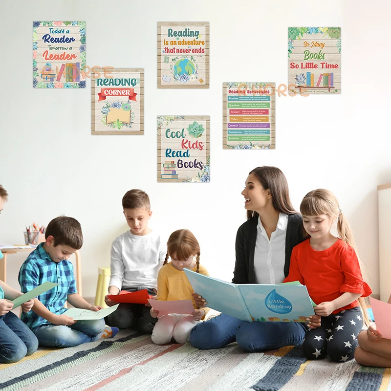 Pósteres de lectura de 6 piezas para decoración de pared, carteles de tablón de anuncios para la escuela, la escuela y la biblioteca, educación primaria para niños