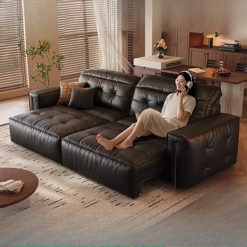 Electric sofa bed first layer leather retro living room retractable function sofa