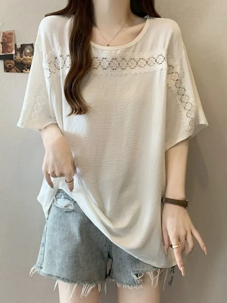 100KG PLUS ขนาดลูกไม้แขนสั้นเสื้อชีฟองผู้หญิงฤดูร้อนหลวมและขี้เกียจสไตล์เสื้อยืด TOP