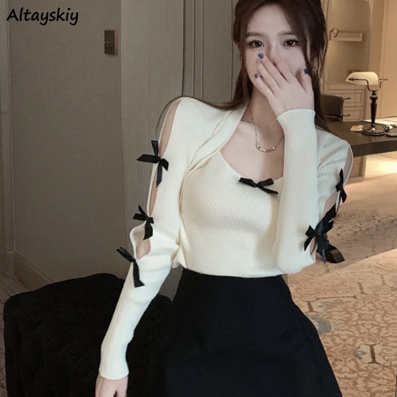 

Pullovers Women Hollow Out Bow Square Collar Long Sleeve Casual Crop Tops Knitwear Classic Tender Spring Fashion Design Slim