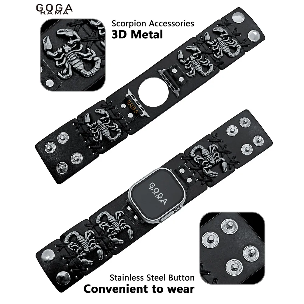 حزام ساعة جلد أسود على شكل عقرب معدني أنيق لساعة أبل 49 ملم 9 8 7 45 ملم 41 ملم لسلسلة IWatch 6 SE 5 4 44 ملم 40 ملم