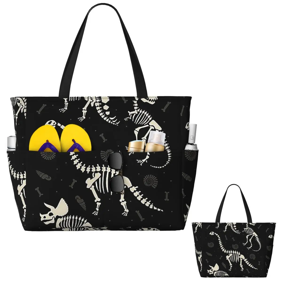 

Dinosaur Fossils In Black Beach Tote Bag Sport Gym Yoga Duffle Large Tote Bag Women Travel Bag Fitness bag