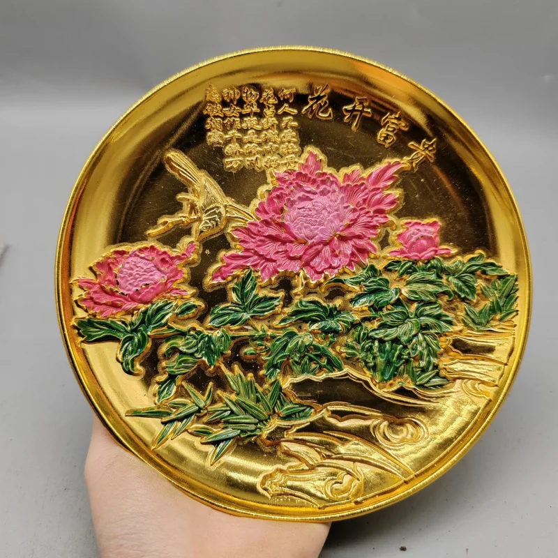 Antique Style Pure Copper Painted Flower Blooming Prosperity Large Plate Qing Dynasty Qianlong Year Craft Gold Dish Home Decor O