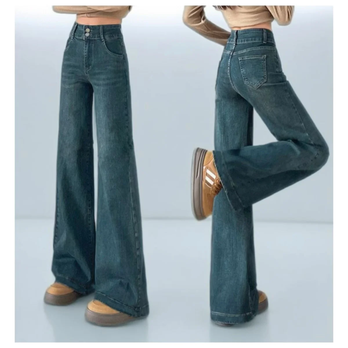 

Retro Blue Women's Straight-Leg Jeans Korean Style Simple Commuter High-Waisted Denim Trouser Sweet Basic Versatile Long Pants
