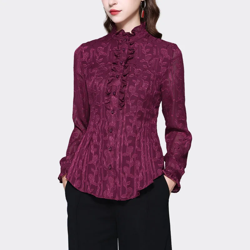 2024 Spring New Women Wine Red Floral Chiffon Blouse Long Sleeve Stand Collar Slim Fit Button-down Shirts Vintage Casual Tops