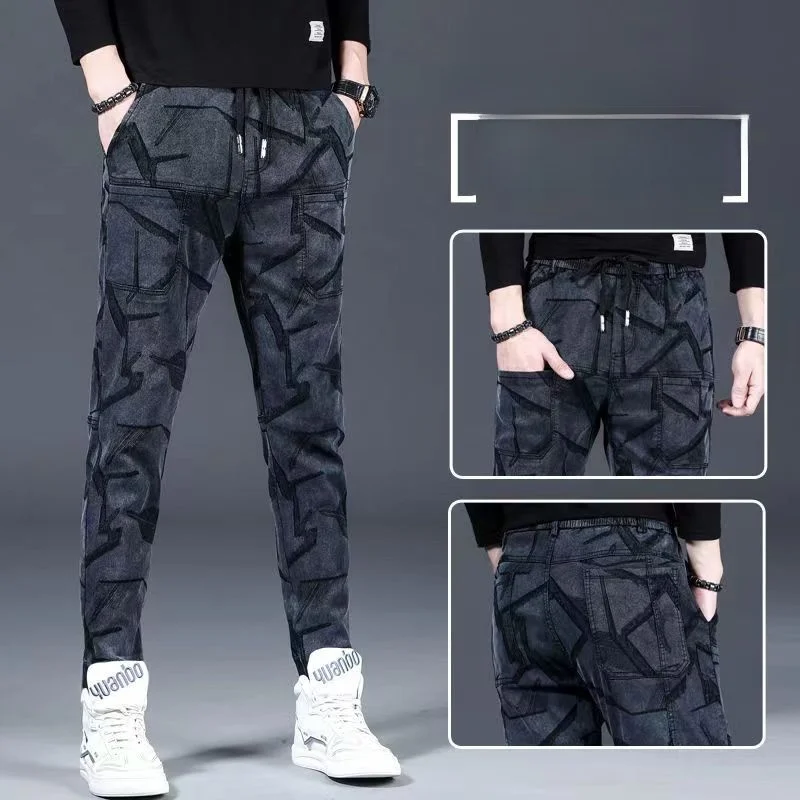 Loose Straight Leg Men's Jeans Casual Cotton Denim Spring Autumn Wear Resistant Multi Pocket Printed Long Trousers