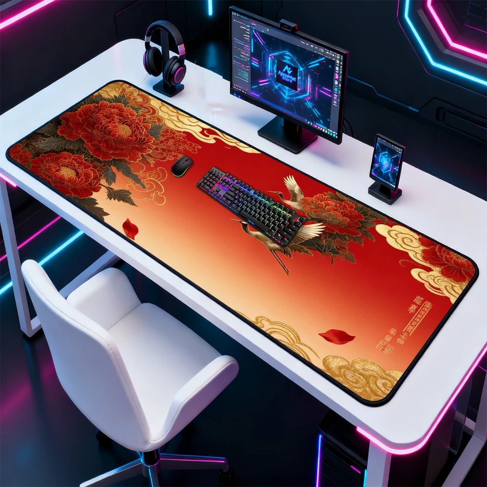 Red Chinese Mouse Pad Crane Rug Peony Computer Mat Pc Decoration Mousepad Xxxl 1200x600 Carpets 1600x600 Office Desk Mat Gaming