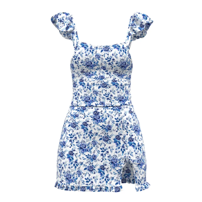 SUNSIREN-traje de baño de dos piezas para mujer, bañador con volantes, conjunto de Bikini con estampado Floral, falda dividida de moda coreana