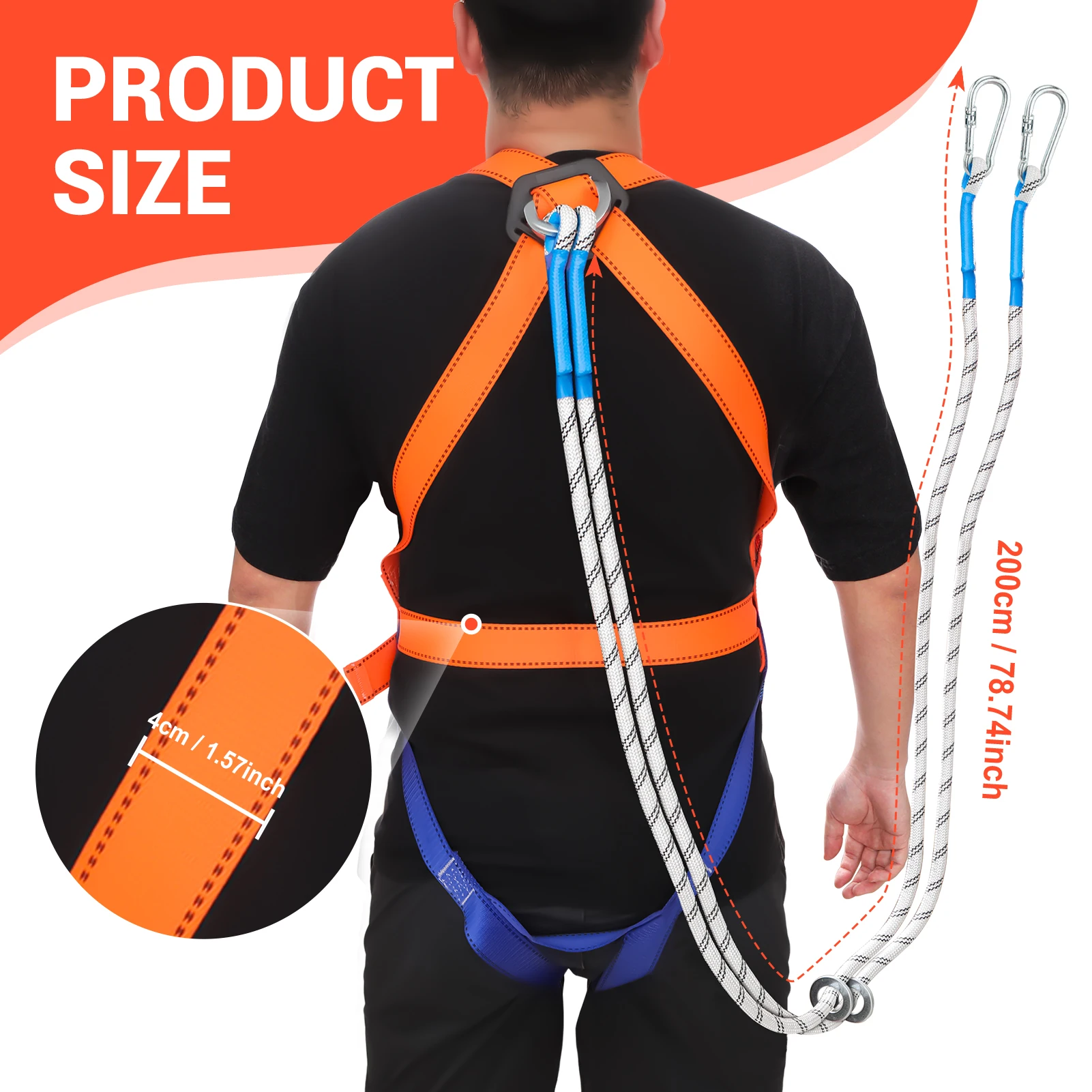 2M High Altitude Work Safety Harness Full Body Security Belt with 1/2 Carabiner Outdoor Rock Climbing Anti Fall Protection Gear