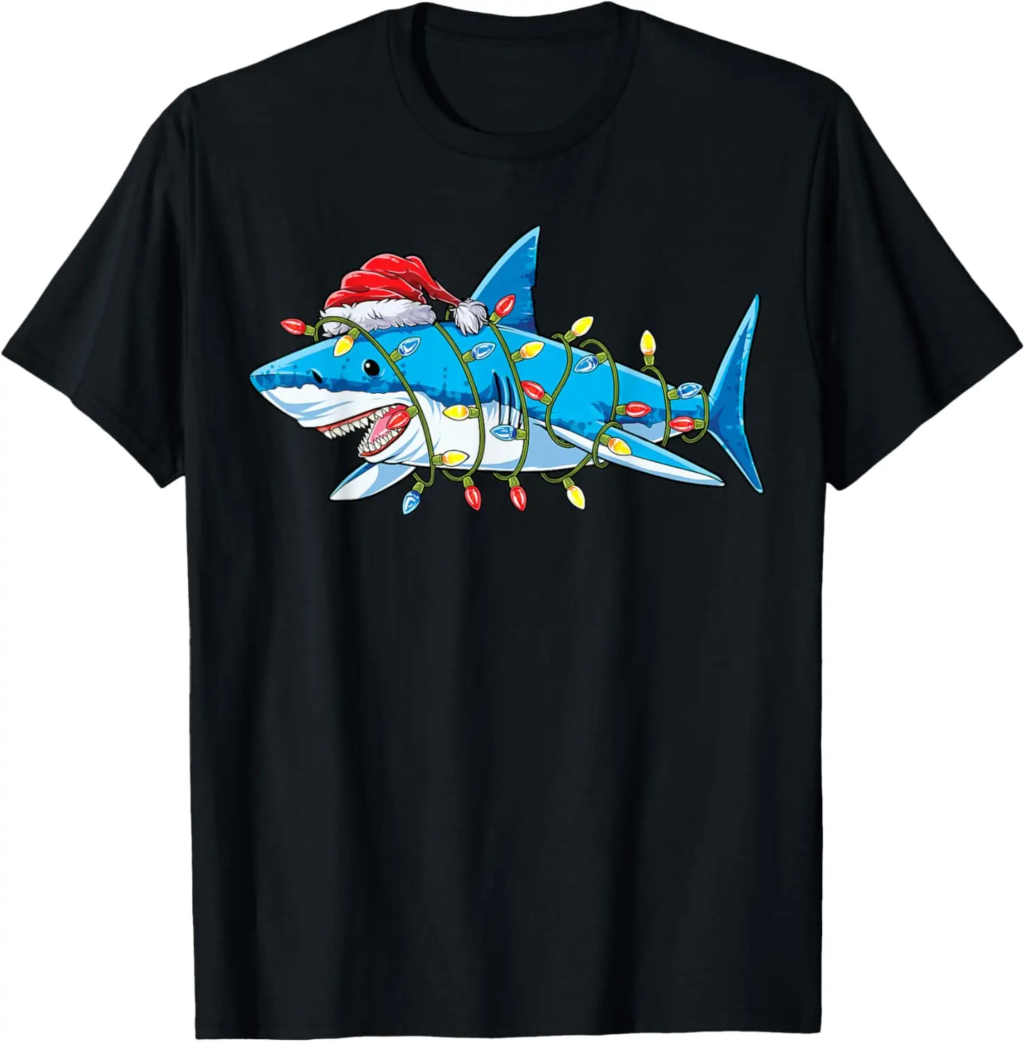 Santa Shark Lights Sharkmas Tree Xmas Boys Men T-Shirt 100% Cotton Trendy Y2K Short-Sleeve Tee – Soft, Quick-Drying, &