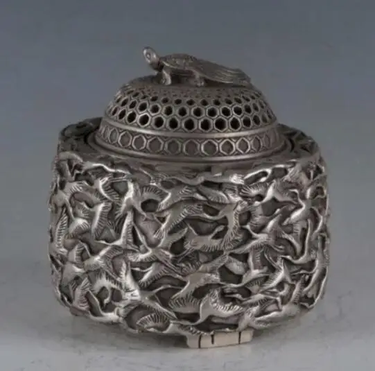 

Rare Tibetan Silver Hand carved Thousand Crane Incense Burner w Qianlong Marks