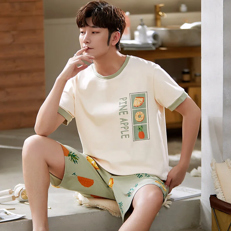 طقم بيجامات رجالي قطن صيفي بأكمام قصيرة تي شيرت مع شورت نمط فضفاض غير رسمي بيجامات منزلية للرجال طقم بيجامات للرجال #3