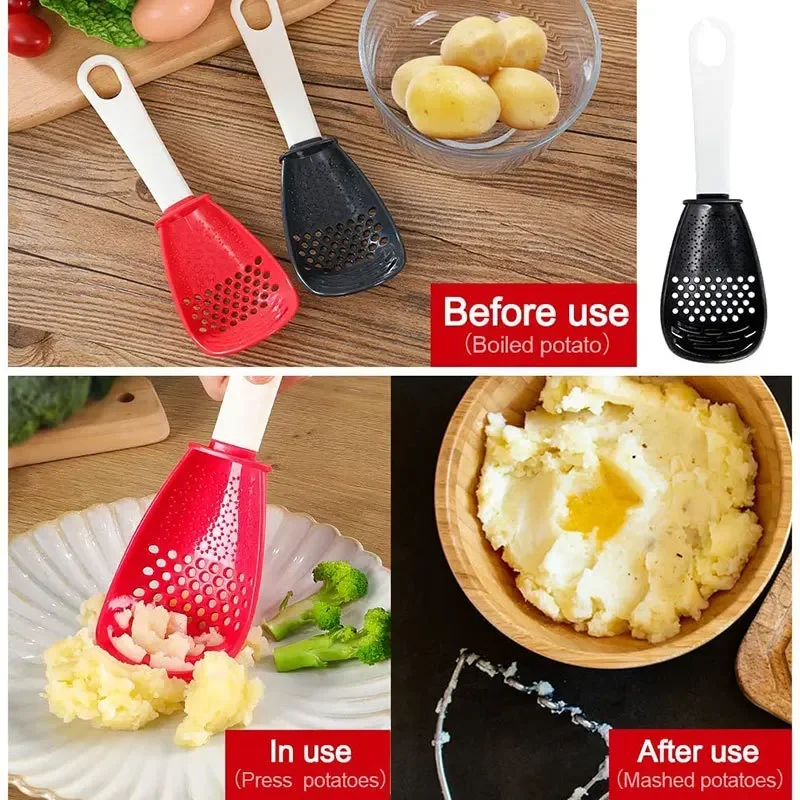 Multifunctional Cooking Spoon Kitchen Strainer Scoop To Cut Garlic Hanging Hole Potato Garlic Press Egg Tool Kitchen Accessory