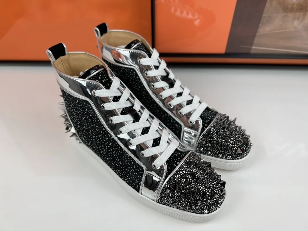 Men's High Top Silver Rhinestone Spiked Sneakers Black Glitter Leather Casual Shoes Red Bottom Lace Up Daily Walking Footwear