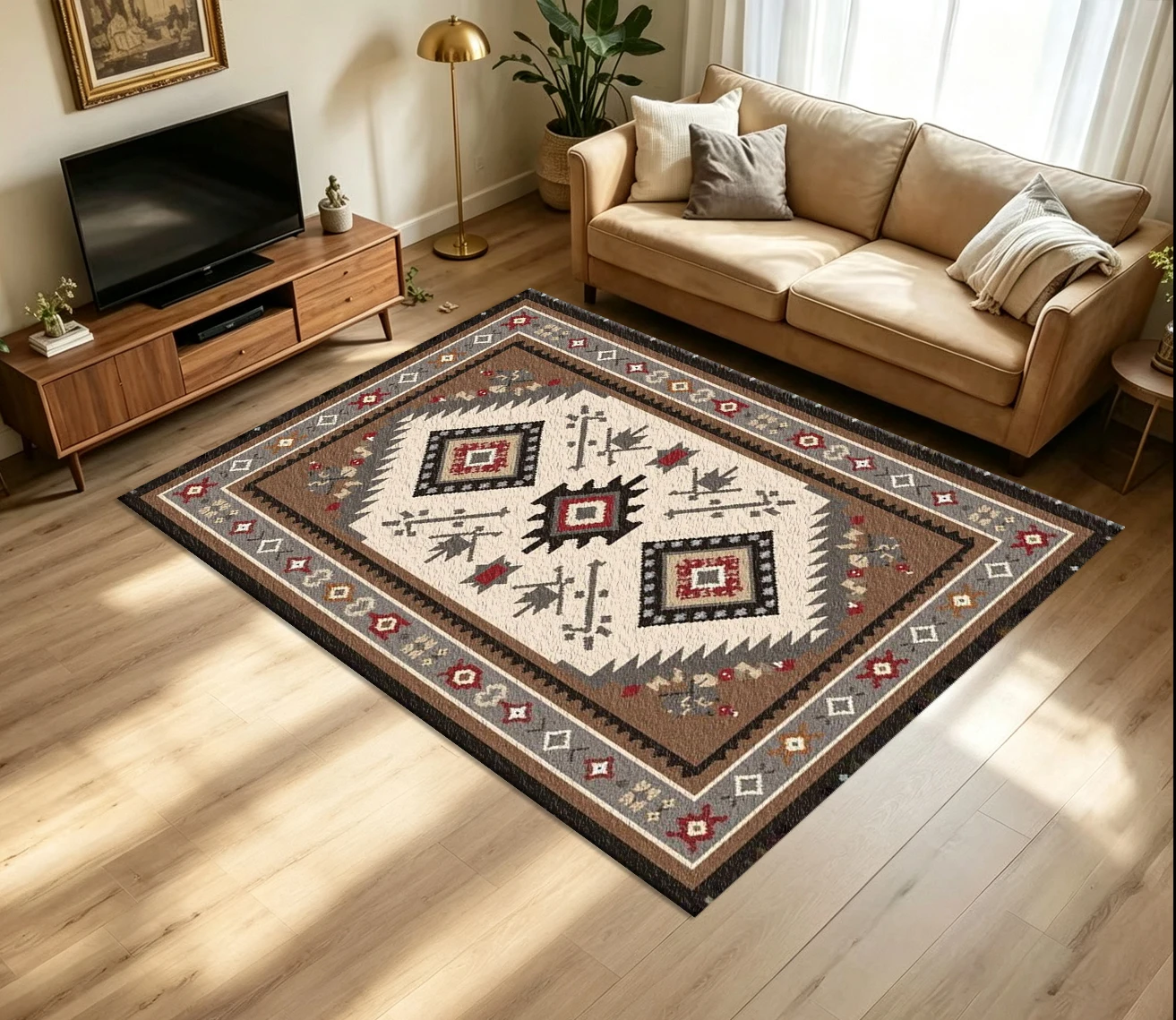 Southwestern Ethnic Geometric Diamond Carpet Flooring Retro Tribal Bohemian Brown Beige Red Symmetrical Border Art Pattern Printed Floor Rug for Household Indoor Rustic Home Decor