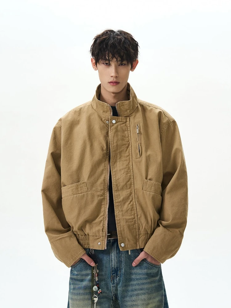 

Винтажная парусиновая куртка-карго чистого кроя, мужская весенне-осенняя однотонная уличная одежда, повседневное пальто с воротником-стойкой большого размера, верхняя одежда