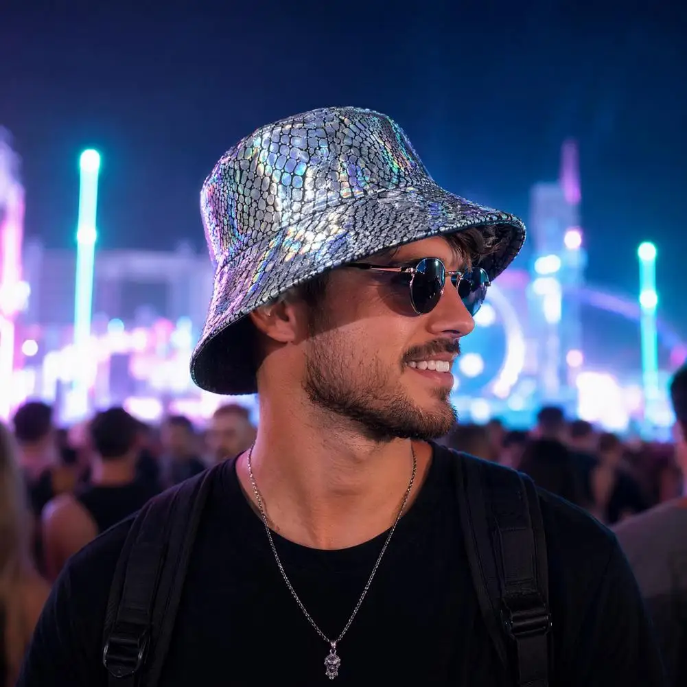 Breathable Water-resistant Cap Shiny Fabric Bucket Hat with Reflective Rainproof Design Colorful Fish Scale Pattern Fisherman