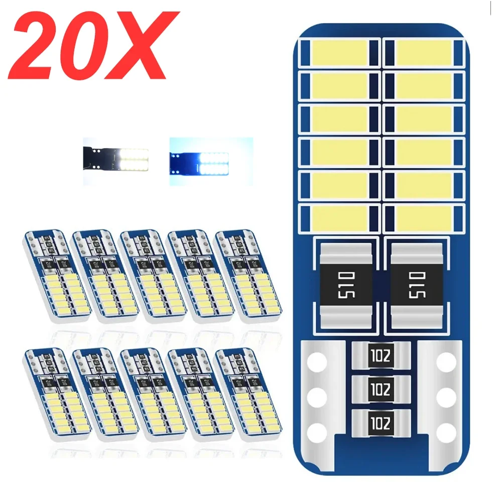 20pcs T10 LED Bulb Canbus 5W5 Car W5W LED Signal Light 12V 6000K Auto Wedge Side Interior Dome Reading Lamps 3014 24SMD White