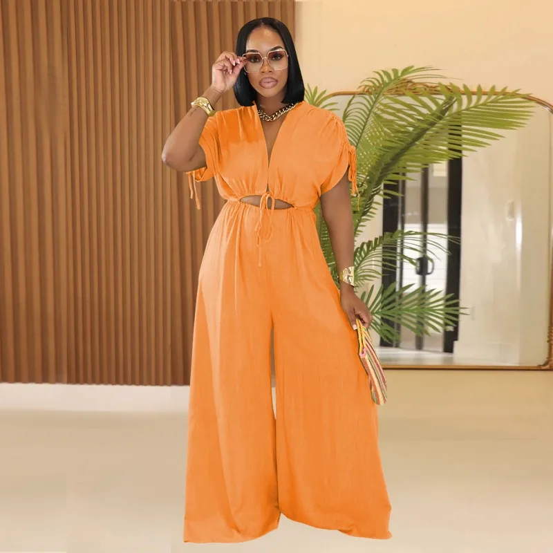 KEXU Cutout Front Ruched Shoulder Short Sleeve Wide Leg Jumpsuits 2025 Women Summer Vacation Outfits One Piece Suit Romper