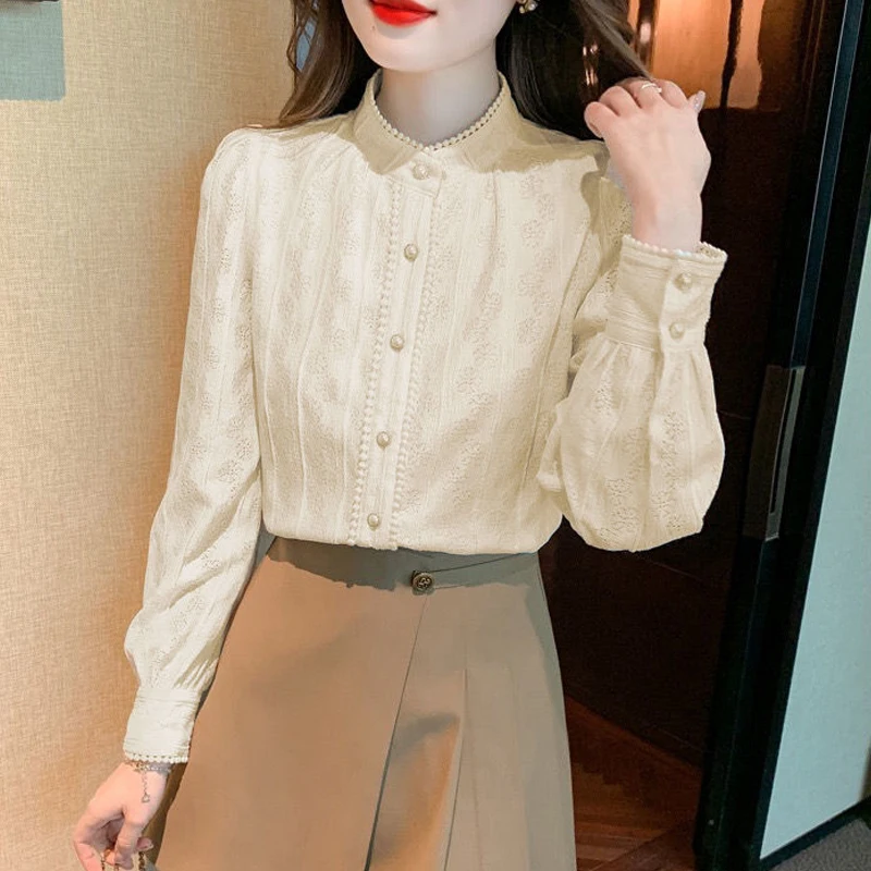 New Women Trendy Vintage Chic Lace Beaded Button Shirts Autumn Winter Casual Solid Sweet Blouses Female Long Sleeve Elegant Tops