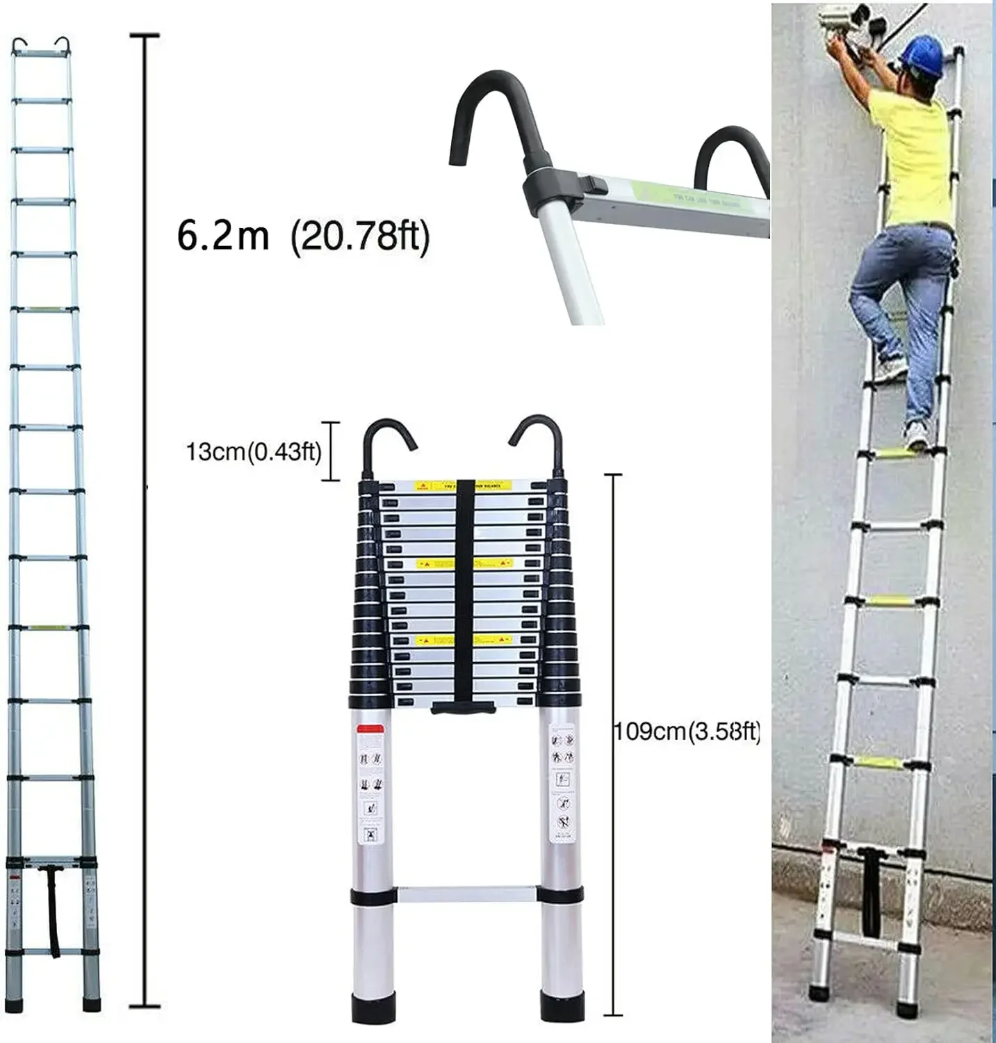 Aluminum Telescopic Extension Ladder Heavy Duty 20 Foot Portable Collapsible Multi Purpose 330 Pound Capacity Detachable Hooks view 3
