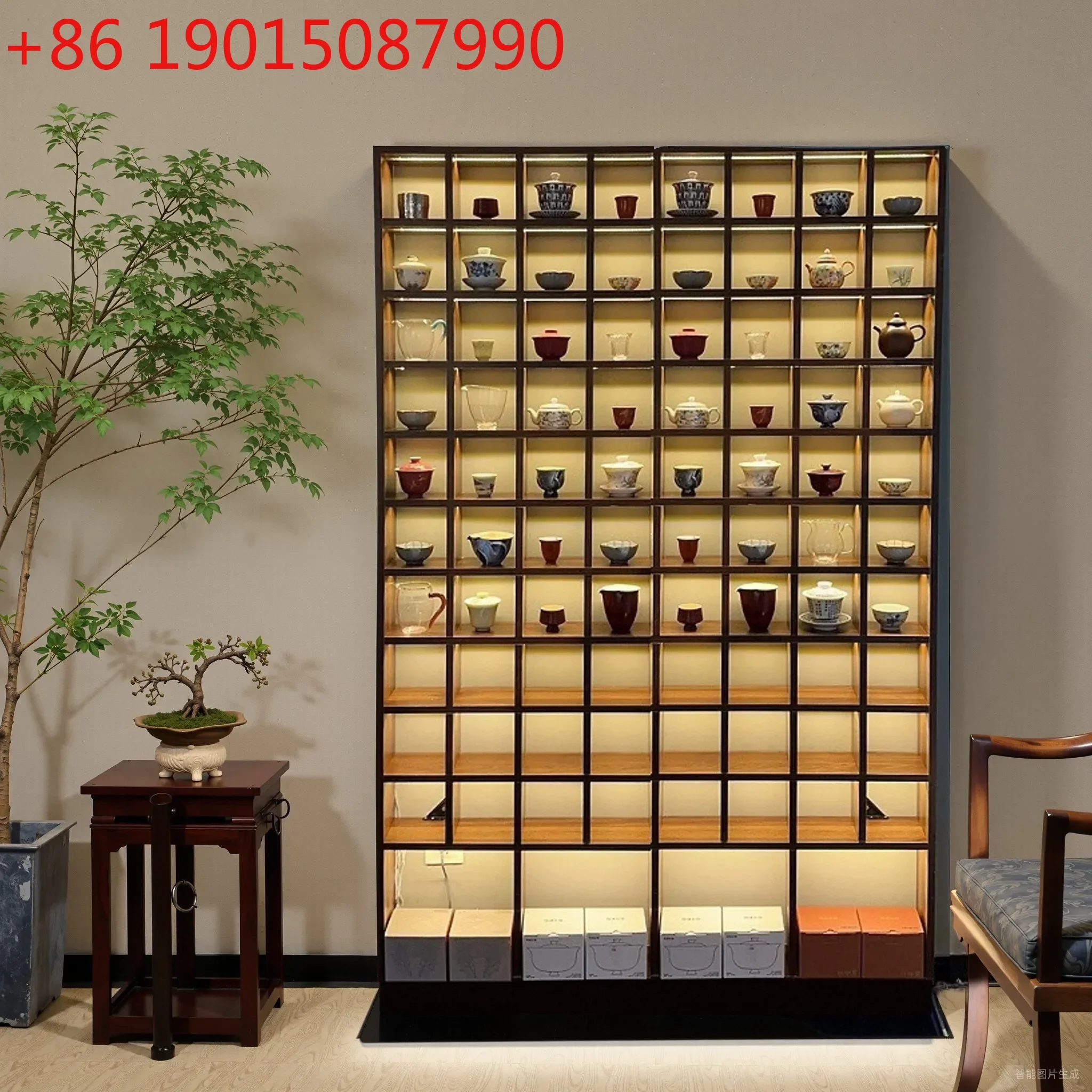 

Yh Walnut Bogu rack with lamp lattice rack, tea leaves with lamp wall hanging to the ground, teapot and water cup