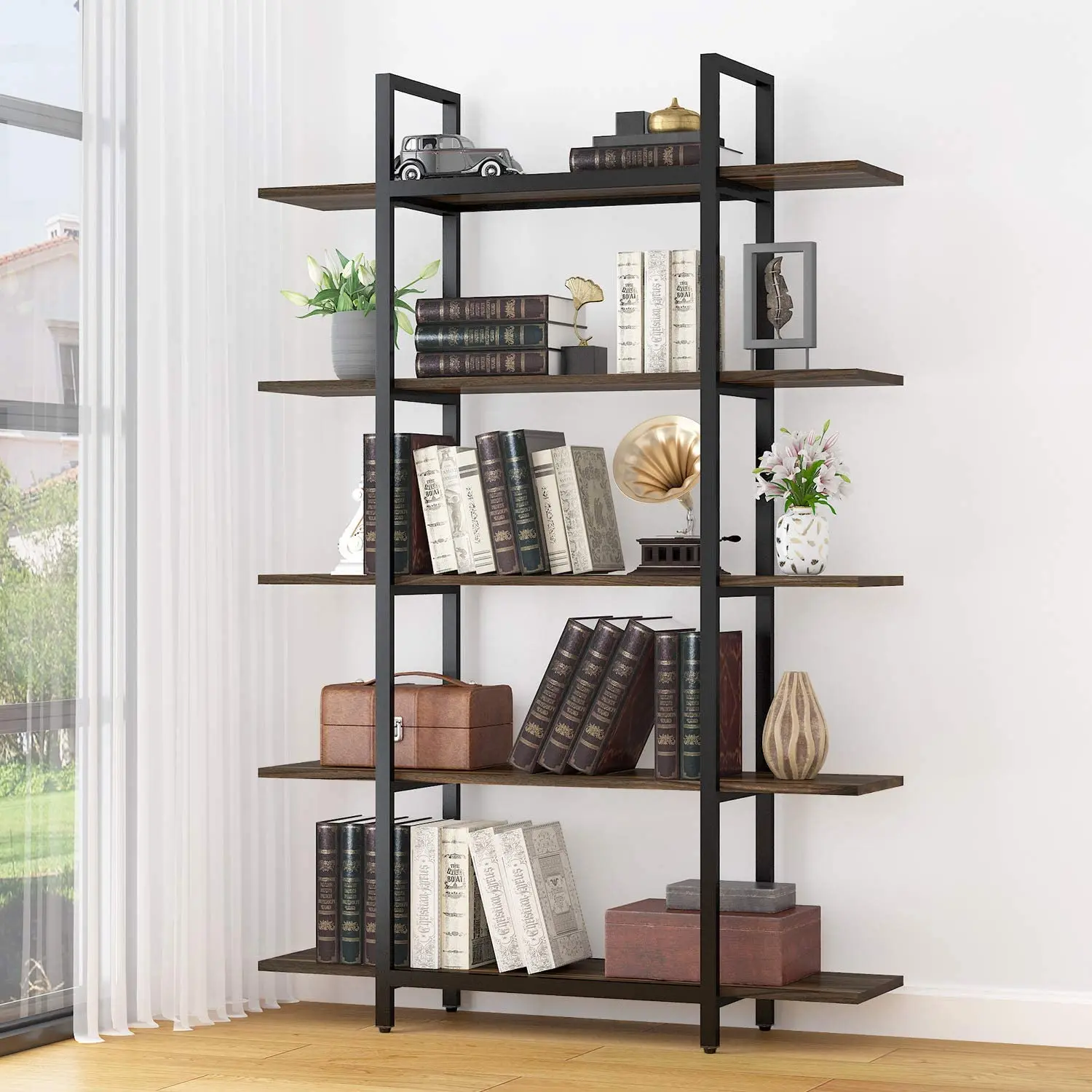 Industrial 5-Tier Bookshelf Wood and Metal Bookcase, Home Office Open Storage Shelves Bookshelf, 71in. H x 13 in. W x 47