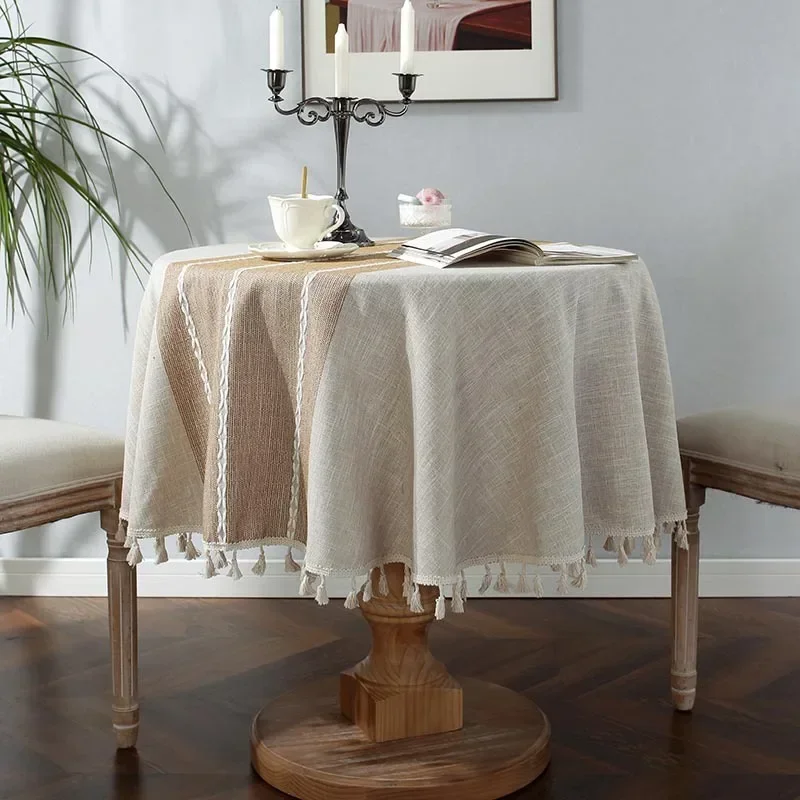 

American Cotton Linen Stripe Round Tablecloth Anti-stain Tassel Coffee Table Cover Table Clothes for Dining Table