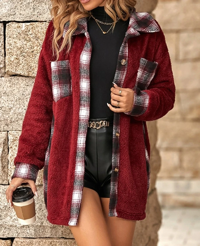 New Year Women's Clothing Plaid Print Pocket Design Long Sleeve Coat for Women Elegant Winter Woman Jacket