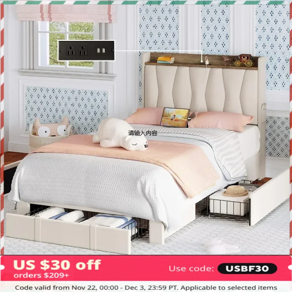 Twin Bed Frame with 3 Drawers, Upholstered Platform Bed with Storage Headboard and Charging Station, No Box Spring Needed