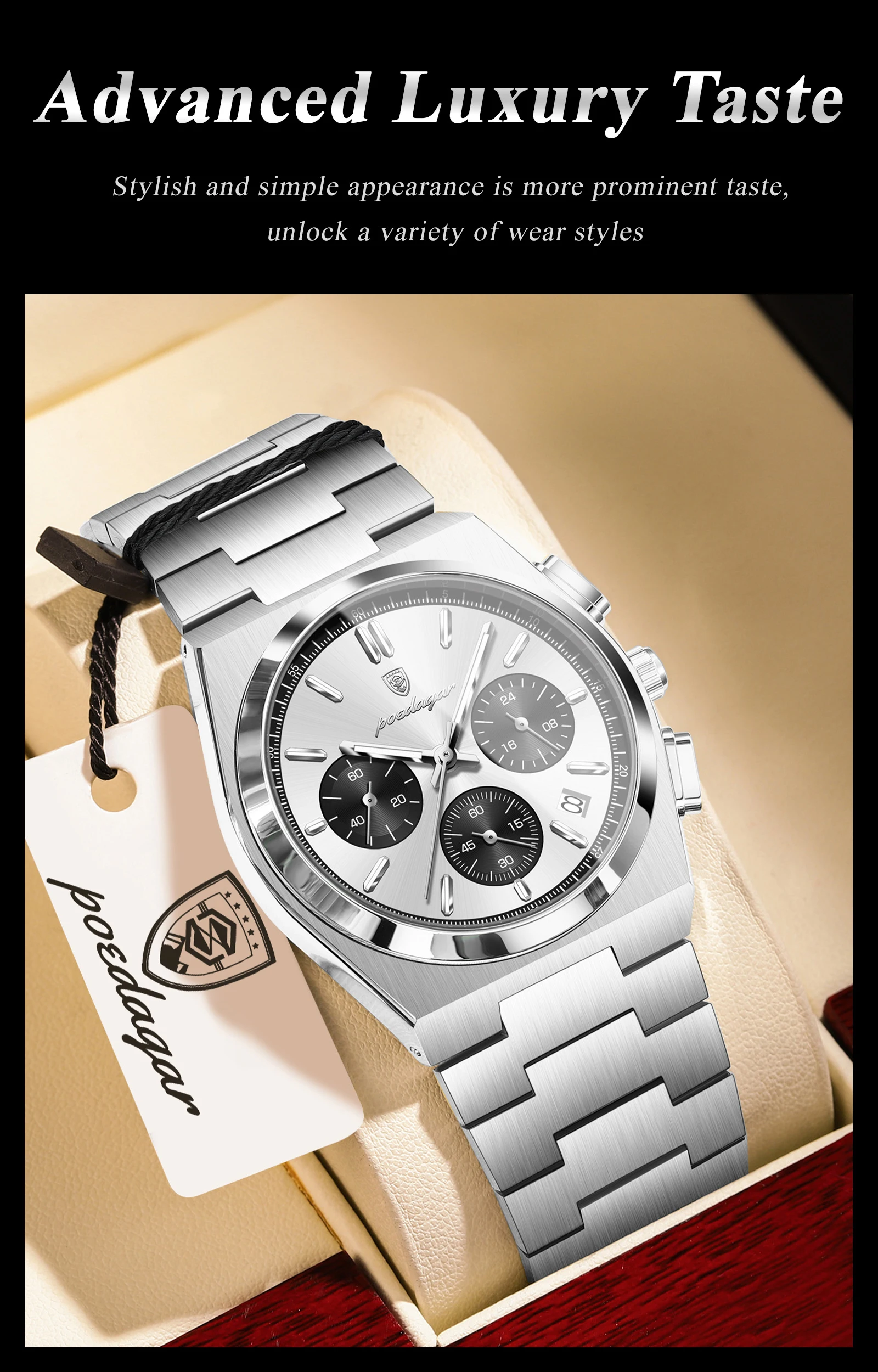 POEDAGAR Top Business Herrenuhr Chronograph Datum Edelstahl Klassische Männeruhr Wasserdicht Leuchtend Quarzuhren für Herren – Detail 15