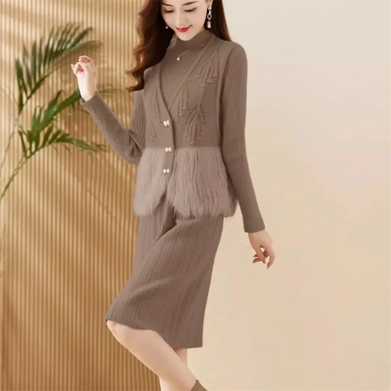 High End Temperament Woolen Sweater Set, Women\'s Autumn Winter Knitted Dress Medium Length Two-piece Vest With Bottom Wool Dress