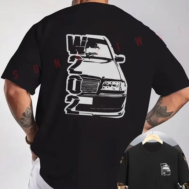 W202 Modified Car & C-Class Auto Graphic Motorcycle T-Shirt Double-Sided Print Men's Summer Short Sleeve Round Neck Casual Tops