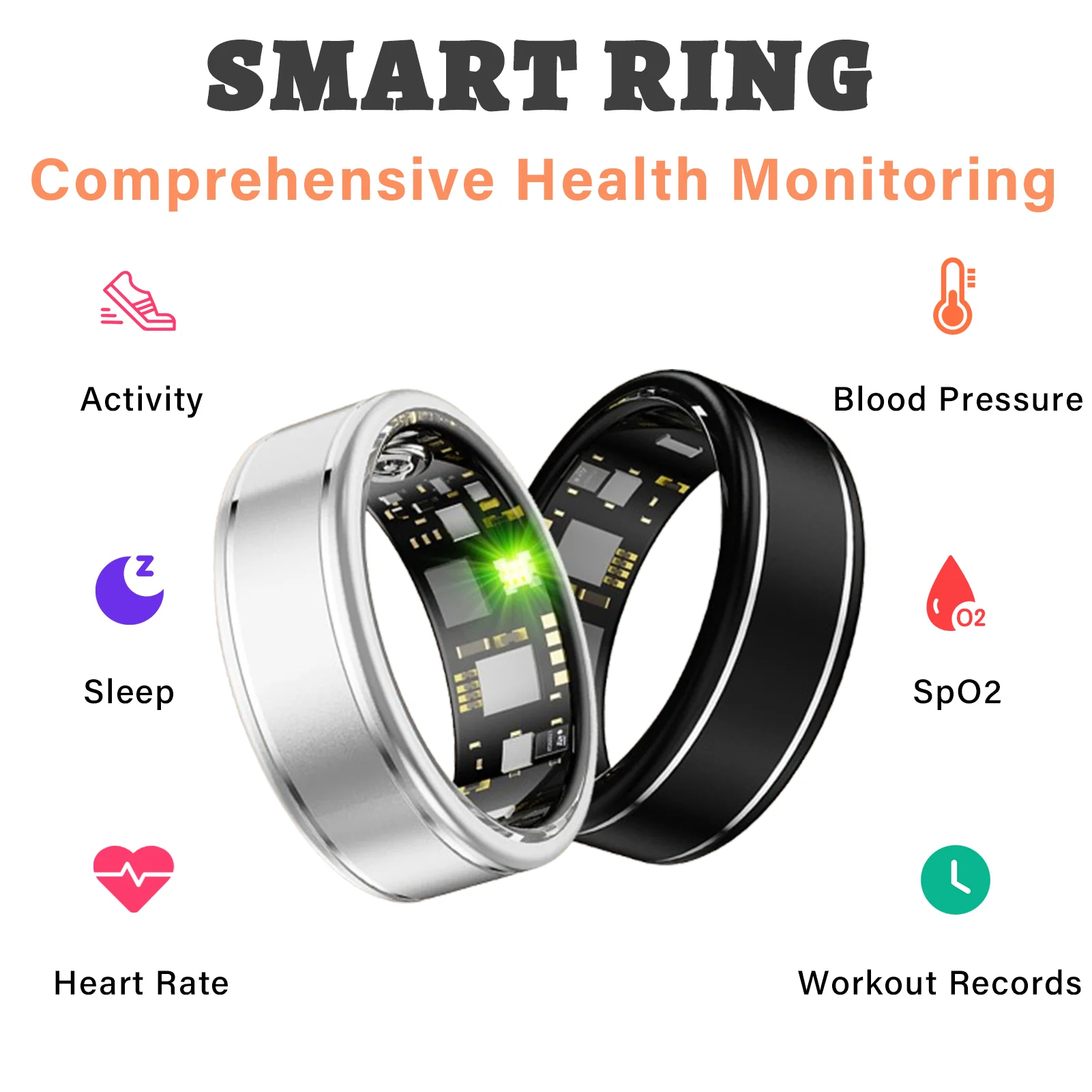 

Fitness Tracker Ring for Men Women – Smart Ring with Heart Rate, SpO2, Blood Pressure, Sleep Monitoring, Step & Calorie Counter