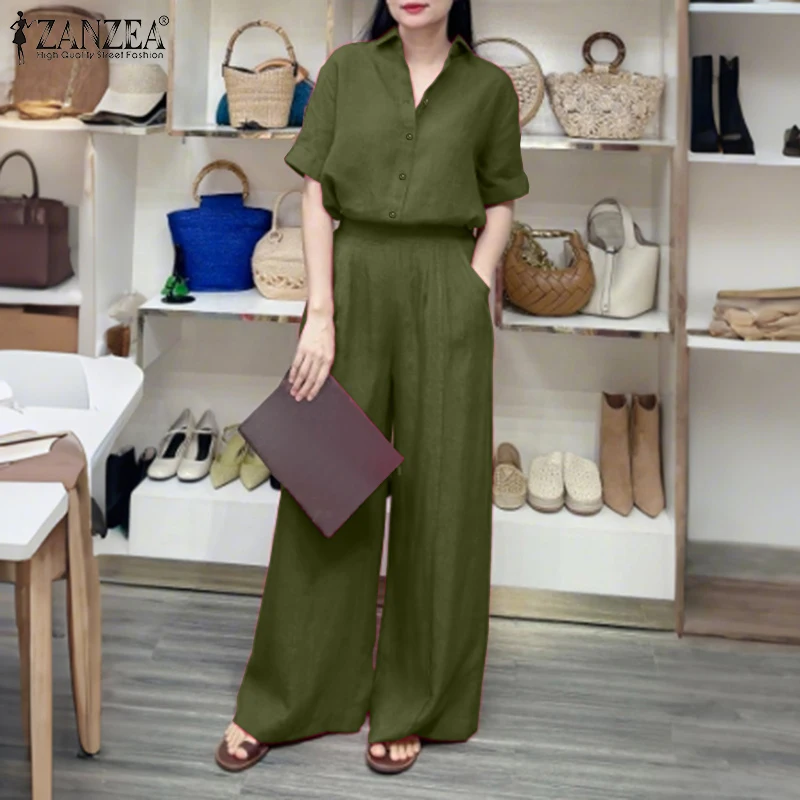 Summer Women's Casual Pant Suits Wide Leg Pant & Half Sleeve Shirt 2 Piece Sets ZANZEA Solid Color Commuting Day Wear Pant Sets