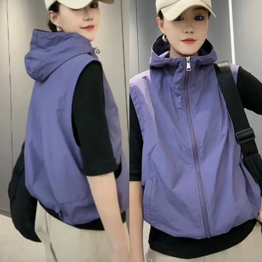 

Spring Summer Waistcoats Women Vest Hooded Fashion Leisure Sports Sun Protection Vests Ladies Sleeveless Jackets