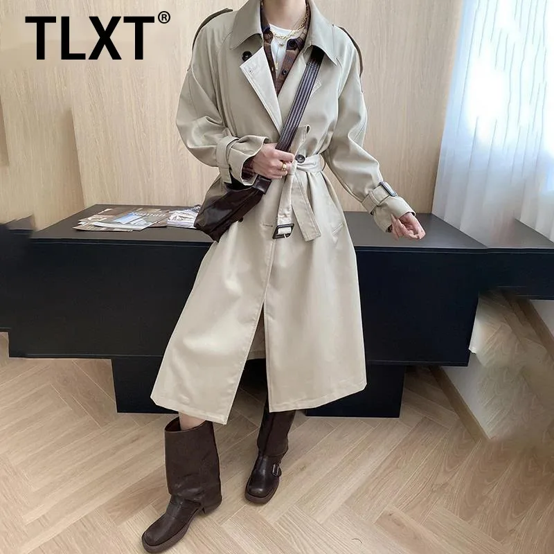 

TLXT модный женский элегантный плащ с длинными рукавами и поясом с лацканами, двубортная длинная ветровка со сборкой на талии, новинка осени 2023 г.