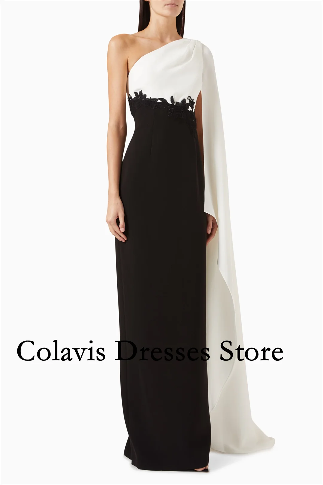 

2025 Customized One-Shoulder Black White Mermaid Crepe Simple Prom Dresses Evening Dress Women Evening Gowns Formal Party Dress