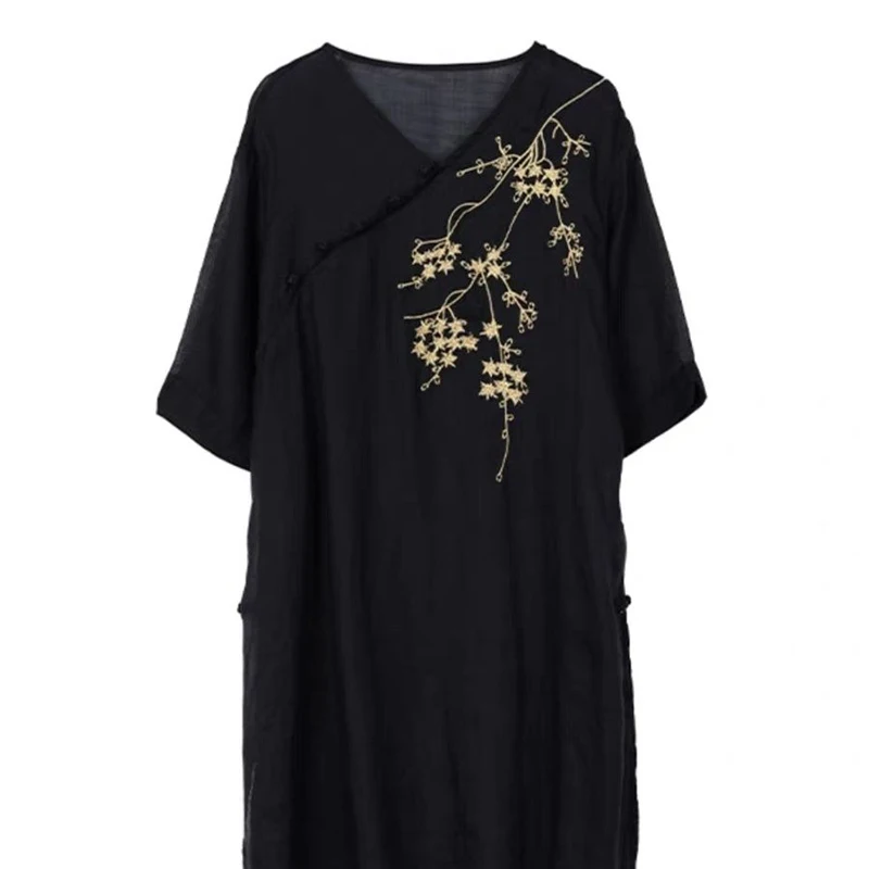 Fashion V-Neck Button Vintage Embroidery Blouses Women's Clothing 2024 Summer New Loose All-match Tops Office Lady Shirts