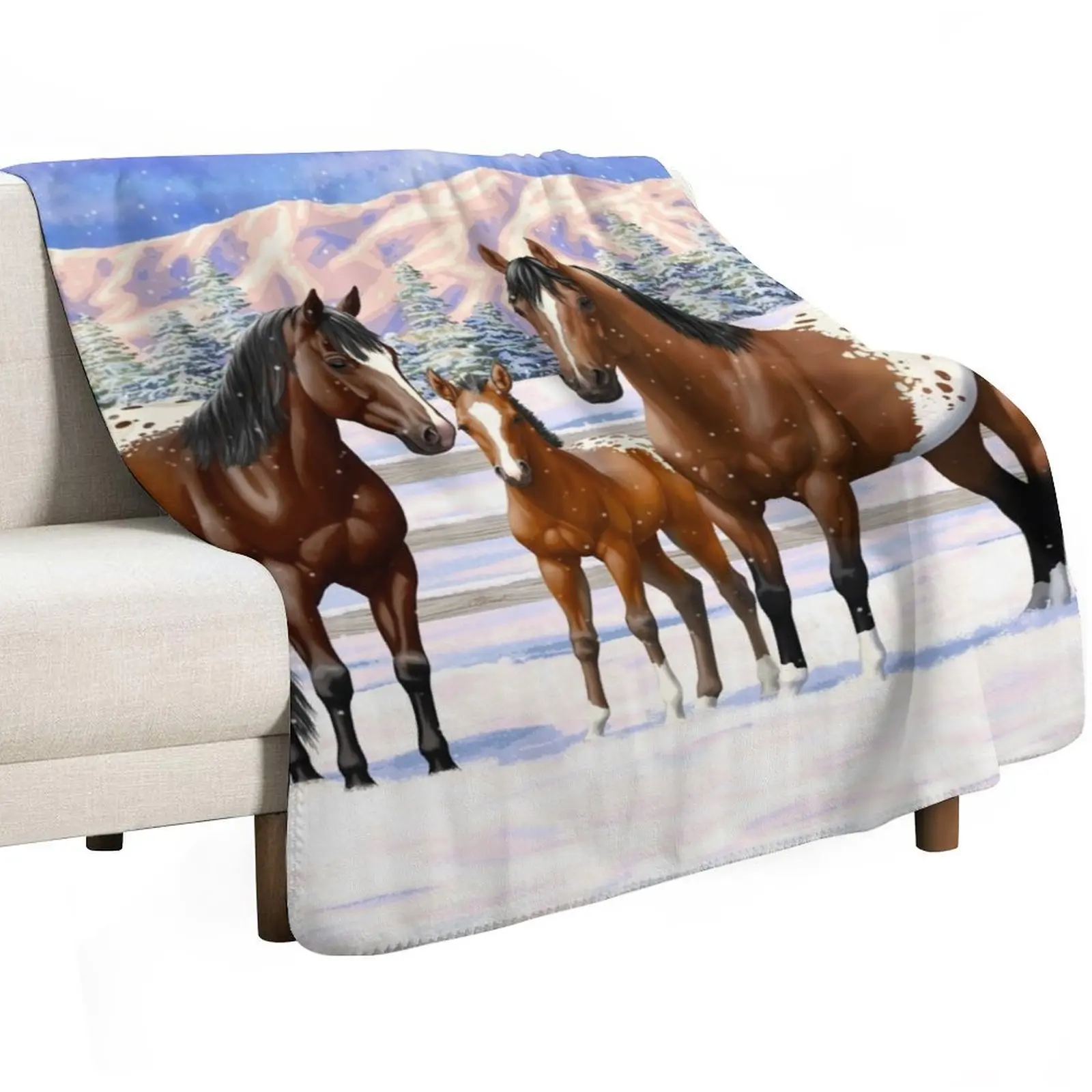 Bay Appaloosa Quarter Horses In Winter Snow Throw Blanket Bed Fashionable Cute Kid'S Designers manga Blankets