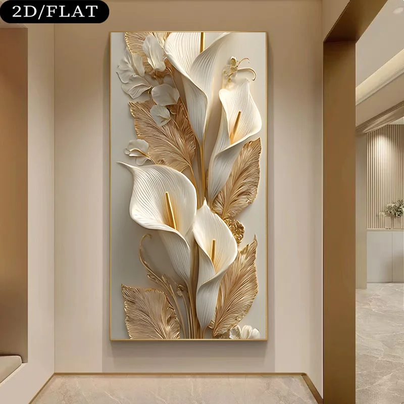 

2D Flat Modern Relief-style White Calla Lily Canvas Wall Art Unframed Minimalist Golden Leaf Canvas Prints for Living Room Decor
