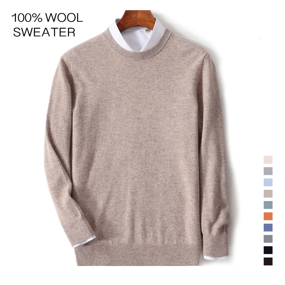 

New Autumn Winter 100% Merino Wool Sweater Men's Round Neck Thickened Tops Soft Warm Casual Solid Color Knitted Male Pullover